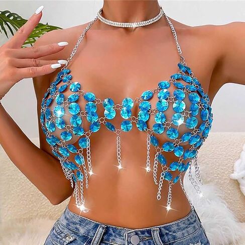 سلسلة الجسم السابقة بوهو للنساء كريستال شرابة زرقاء بيكيني مجوهرات الشاطئ الهذيان حفلة الجسم اكسسوارات حجر الراين الصدرية in Kuwait