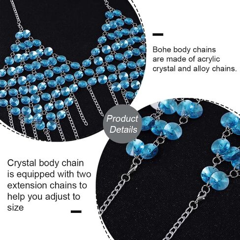 سلسلة الجسم السابقة بوهو للنساء كريستال شرابة زرقاء بيكيني مجوهرات الشاطئ الهذيان حفلة الجسم اكسسوارات حجر الراين الصدرية in Kuwait