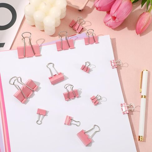 AUGSUN 150 قطعة من مشابك الورق، 5 أحجام متنوعة (صغيرة، صغيرة، متوسطة، كبيرة)، مشبك ورق معدني، مشبك ورقي وردي اللون للمنزل والمكتب والأعمال واللوازم المدرسية in Kuwait