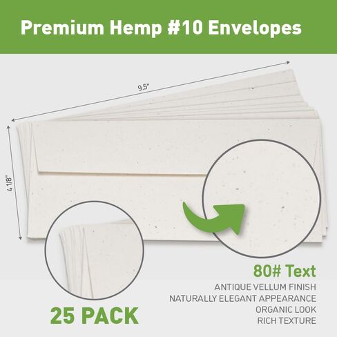 Green Field Hemp #10 Buisness Envelopes - Handmade Tree Free Blank Kraft Envelopes for Legal, Wedding Invitation, Letter, Card, Photo, 25 pack (4 1/8" x 9 1/2") in Saudi Arabia