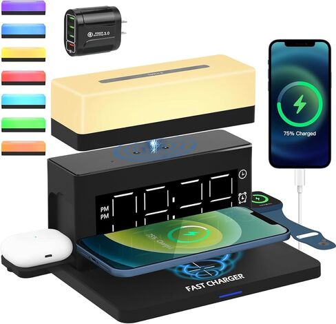 محطة شحن لاسلكية منبه 6 في 1 محطة شحن لاسلكية مع 7 ألوان ضوء ليلي 15 وات شاحن سريع لهاتف iPhone 15/14/13/12/11/XS Pro Max Apple Watch Samsung Galaxy AirPods in Kuwait