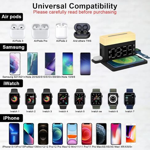 محطة شحن لاسلكية منبه 6 في 1 محطة شحن لاسلكية مع 7 ألوان ضوء ليلي 15 وات شاحن سريع لهاتف iPhone 15/14/13/12/11/XS Pro Max Apple Watch Samsung Galaxy AirPods in Kuwait