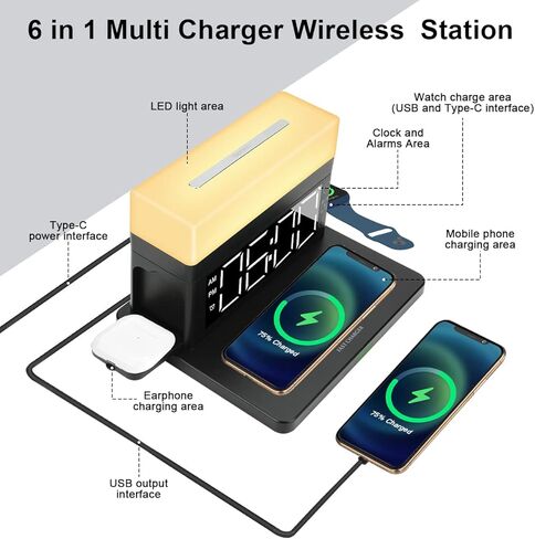 محطة شحن لاسلكية منبه 6 في 1 محطة شحن لاسلكية مع 7 ألوان ضوء ليلي 15 وات شاحن سريع لهاتف iPhone 15/14/13/12/11/XS Pro Max Apple Watch Samsung Galaxy AirPods in Kuwait