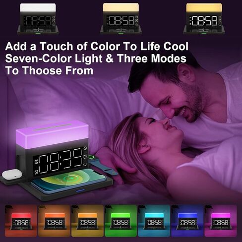 محطة شحن لاسلكية منبه 6 في 1 محطة شحن لاسلكية مع 7 ألوان ضوء ليلي 15 وات شاحن سريع لهاتف iPhone 15/14/13/12/11/XS Pro Max Apple Watch Samsung Galaxy AirPods in Kuwait