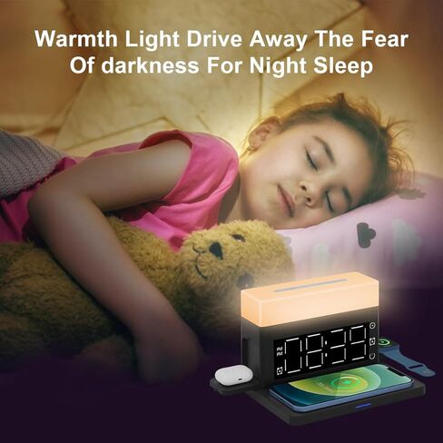 محطة شحن لاسلكية منبه 6 في 1 محطة شحن لاسلكية مع 7 ألوان ضوء ليلي 15 وات شاحن سريع لهاتف iPhone 15/14/13/12/11/XS Pro Max Apple Watch Samsung Galaxy AirPods in Kuwait