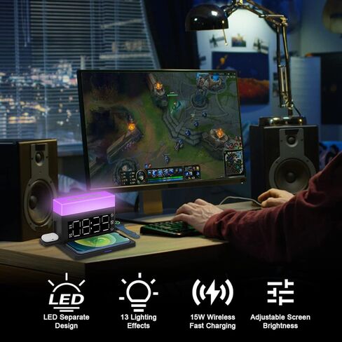 محطة شحن لاسلكية منبه 6 في 1 محطة شحن لاسلكية مع 7 ألوان ضوء ليلي 15 وات شاحن سريع لهاتف iPhone 15/14/13/12/11/XS Pro Max Apple Watch Samsung Galaxy AirPods in Kuwait