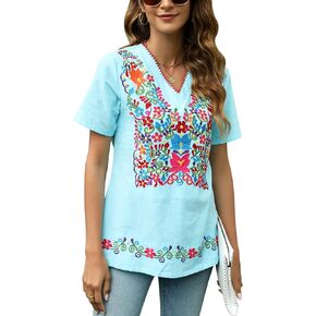 Mexican Shirts for Women Embroidered Tops Peasant Blouses Fiesta Shirt Traditional Cinco de Mayo Dress Up