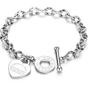 ALEXTINA Dainty Heart Charm Bracelets Stainless Steel 18k Gold Plated Oval Chain Wristband Gift for Mom Women Teen Girls Toggle Clasp