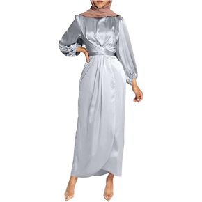 Women's Plain Satin Abaya Dress Round Collar Balloon Sleeve Wrap Waist Slit Maxi Dress Middle Eastern Muslim Gown