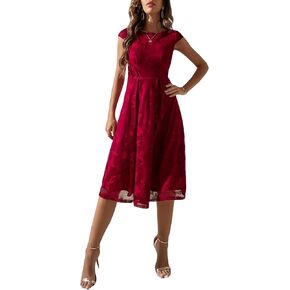 WDIRARA Women's Cap Sleeve Boat Neck Flared Hem High Waist A Line Midi Dress