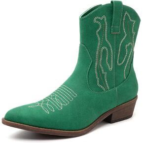 أحذية ANJOUFEMME الغربية للسيدات من رعاة البقر راعية البقر، أحذية طويلة بطول الكاحل مطرزة بمقدمة مستديرة in Kuwait