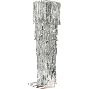 sexytag Metallic Silver Fringe Thigh High Wide Calf Boots Stiletto Heels Over the Knee Tassal Boots