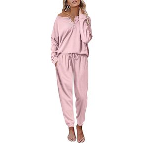 Andeip Womens Pajama Set Waffle Knit Lounge Set 2 Piece Long Sleeve Top and Pants Loungewear Pj Sets
