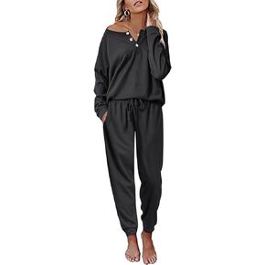 Andeip Womens Pajama Set Waffle Knit Lounge Set 2 Piece Long Sleeve Top and Pants Loungewear Pj Sets in Kuwait