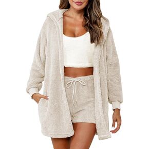 Sexy Fuzzy 3 Piece Pajamas Lounge Sets for Womens Cozy 3-piece Fluffy Fleece Cardigan Robe Crop Top Shorts Warm PJ Set
