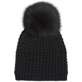 KYI KYI Classic, Women's Winter Black Knit, Fox Fur Pom Beanie/Toque Hat, Fleece Lined, One Size in Saudi Arabia