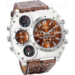Oulm Compass Outdoor Sports Watches Analog Dark Brown Leather Strap Four Sub-dials Men Watch