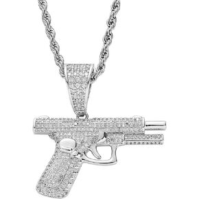 Rrdaily Hip Hop Zircon Pistol Pendant Necklace Stainless Steel Rice Rope Chain Gun Necklace for Men Jewelry Gifts