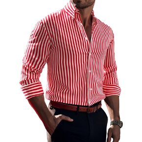Floerns Men's Striped Print Button Front Collared Long Sleeve Shirt Top