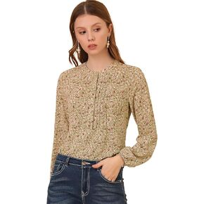 Allegra K Women's Casual Pleated Front Half Placket Long Sleeve Floral Peasant Blouse