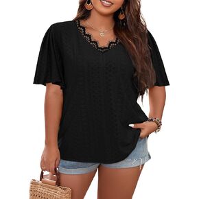 تي شيرت حريمي مقاس كبير بياقة على شكل V وبلوزات من الدانتيل وأكمام جرس صيفية كاجوال فضفاضة مجوفة من الكروشيه in Kuwait