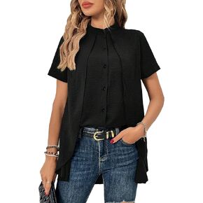 OYOANGLE Women's Button Front Cap Sleeve Stand Collar High Low Hem Longline Work Casual Blouse Shirt Tops