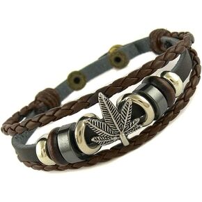 Yeidid International Multi Strand Biker Brown Leather Bracelet with Marijuana Leaf