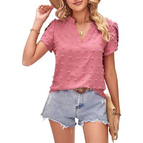 Womens V-Neck Peplum Tops Dressy Casual Summer Eyelet Short Sleeve Shirt Style Top