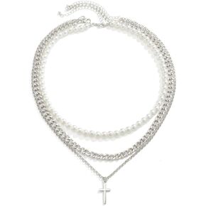 3Pcs Pearl Necklace For Men Layered Cuban Link Cross Necklaces Mens Stainless Steel Chain Faux Pearl Choker Compass Pendant for Men Women Necklace Set