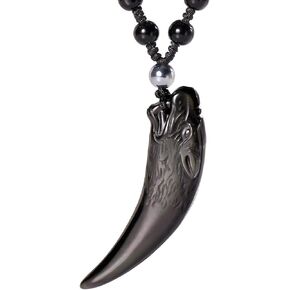 Jewever Black Obsidian Simple Style Wolf Tooth Necklace Natural Stone Healing Crystal Pendant with Extend Bead Chain Unisex