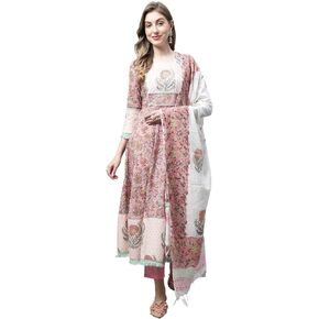 Rajnandini Women's Pure Cotton Jaipuri Printed and Embroidered Kurta Set with Dupatta (JOPLVL312-S_Light Pink_S)