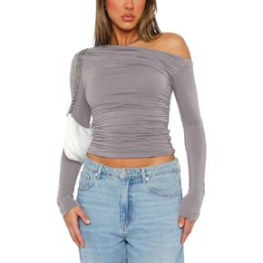 Women's Long Sleeve Off Shoulder Crop Tops Ruched Slim Fit Y2K Tight Shirts Casual Going Out Top Blouses
