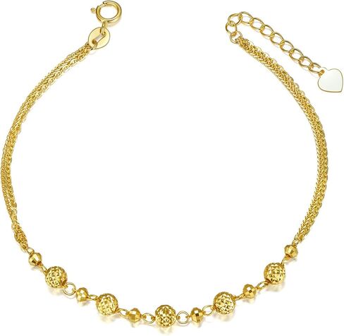 18K Yellow Gold Ball Bracelet Jewelry Gift for Women, Dainty Real Gold Italian Double Chain Bracelets Fine Jewelry Gift for Her, Wife, Girlfriend 6.5"+1" in Saudi Arabia
