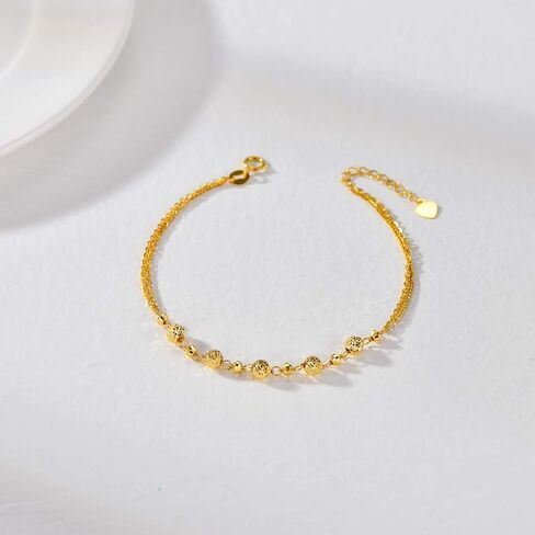 18K Yellow Gold Ball Bracelet Jewelry Gift for Women, Dainty Real Gold Italian Double Chain Bracelets Fine Jewelry Gift for Her, Wife, Girlfriend 6.5"+1" in Saudi Arabia