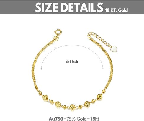 18K Yellow Gold Ball Bracelet Jewelry Gift for Women, Dainty Real Gold Italian Double Chain Bracelets Fine Jewelry Gift for Her, Wife, Girlfriend 6.5"+1" in Saudi Arabia