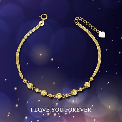 18K Yellow Gold Ball Bracelet Jewelry Gift for Women, Dainty Real Gold Italian Double Chain Bracelets Fine Jewelry Gift for Her, Wife, Girlfriend 6.5"+1" in Saudi Arabia