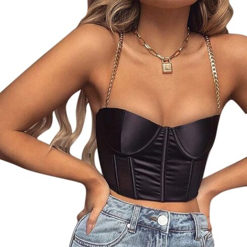 ANKOMINA Women Sexy Mesh Bustier Crop Top Backless Chain Straps Push Up Padded Corset Top Bra for Party Club Rave Outfit in Saudi Arabia