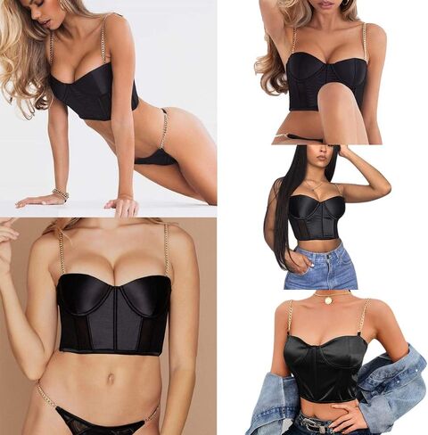 ANKOMINA Women Sexy Mesh Bustier Crop Top Backless Chain Straps Push Up Padded Corset Top Bra for Party Club Rave Outfit in Saudi Arabia