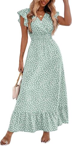 LYANER Women's Floral Print V Neck Ruffle Cap Sleeve Ruffle Hem Flowy Midi Dress in Saudi Arabia