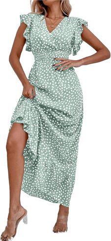 LYANER Women's Floral Print V Neck Ruffle Cap Sleeve Ruffle Hem Flowy Midi Dress in Saudi Arabia