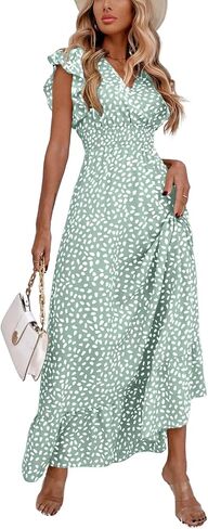 LYANER Women's Floral Print V Neck Ruffle Cap Sleeve Ruffle Hem Flowy Midi Dress in Saudi Arabia