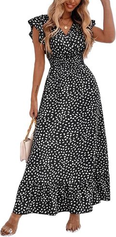 LYANER Women's Floral Print V Neck Ruffle Cap Sleeve Ruffle Hem Flowy Midi Dress in Saudi Arabia