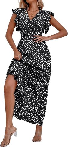 LYANER Women's Floral Print V Neck Ruffle Cap Sleeve Ruffle Hem Flowy Midi Dress in Saudi Arabia