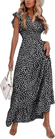 LYANER Women's Floral Print V Neck Ruffle Cap Sleeve Ruffle Hem Flowy Midi Dress in Saudi Arabia