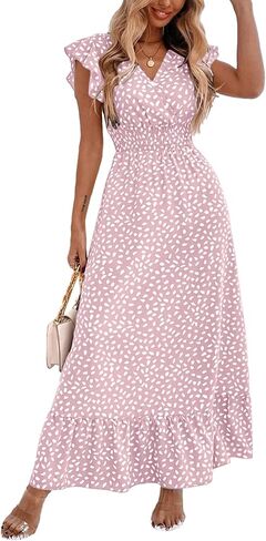 LYANER Women's Floral Print V Neck Ruffle Cap Sleeve Ruffle Hem Flowy Midi Dress in Saudi Arabia