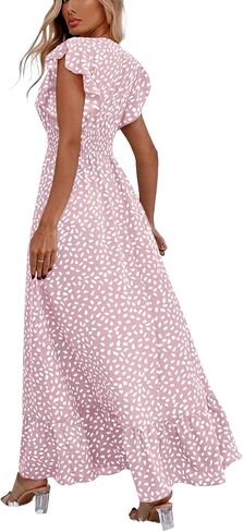 LYANER Women's Floral Print V Neck Ruffle Cap Sleeve Ruffle Hem Flowy Midi Dress in Saudi Arabia