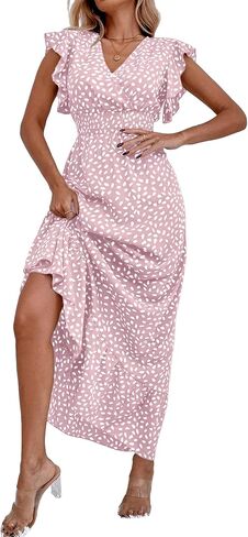 LYANER Women's Floral Print V Neck Ruffle Cap Sleeve Ruffle Hem Flowy Midi Dress in Saudi Arabia