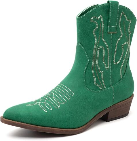 أحذية ANJOUFEMME الغربية للسيدات من رعاة البقر راعية البقر، أحذية طويلة بطول الكاحل مطرزة بمقدمة مستديرة in Kuwait