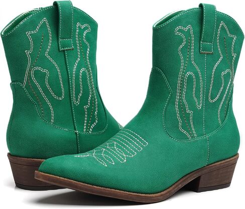 أحذية ANJOUFEMME الغربية للسيدات من رعاة البقر راعية البقر، أحذية طويلة بطول الكاحل مطرزة بمقدمة مستديرة in Kuwait