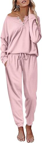 Andeip Womens Pajama Set Waffle Knit Lounge Set 2 Piece Long Sleeve Top and Pants Loungewear Pj Sets in Kuwait